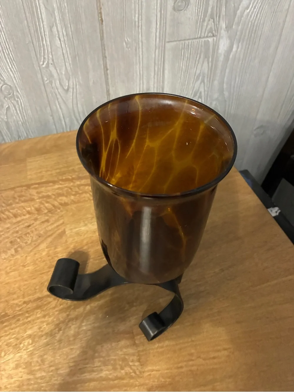 Amber Glass Hurricane Candle Holder with Black Scroll Base 11” x7”